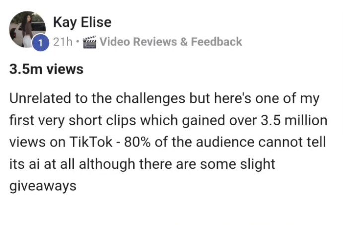 Kay Elise's post inside the Academy: 3.5m views on TikTok, 80% of the audience cannot tell it's AI